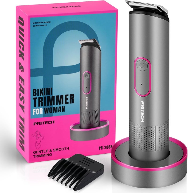 pritech Bikini Trimmer for Women - Rechargeable Pubic Hair Trimmer for Sensitive Skin, Wet&Dry Use, Pain-Free Electric Razor&Shaver with Standing Recharge Dock, Ideal Gift for Women, Slate Grey - Image 1